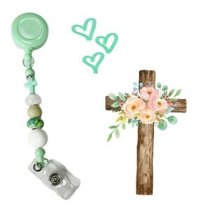 Mint Green Cross Beaded Badge Reel